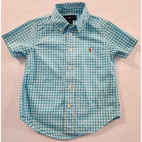 Ralph Lauren Shirt Boys 4T Toddler Blue Plaid Short Sleeve Button Down Pony Logo - Picture 1 of 5